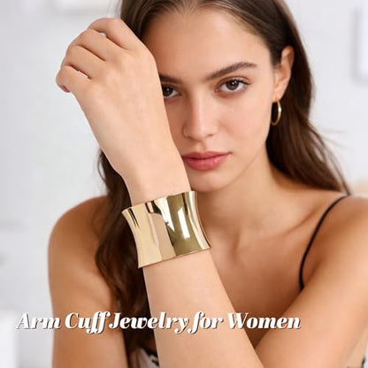 6 Pieces Upper Arm Cuff Arm Band Cuff Bangle Bracelet for Women Hammered Chunky Bracelets Open Wide Wire Bracelets Minimalist Coil Bangle Set Gold Sliver Wrist Cuff Wrap Bracelet Adjustable - color: Gold Cuff Bracelets B