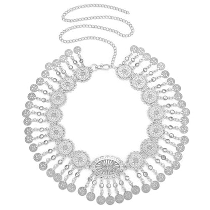 CHIC DIARY Metal Chain Belt for Women Coin Belly Link Tassel Belt for Dress | Boho Style Coin Pendant Tassel Belt Gold/Silver Adjustable Concho Belly Dance Belts for Dresses Skirts Jeans - color: Silver-dance