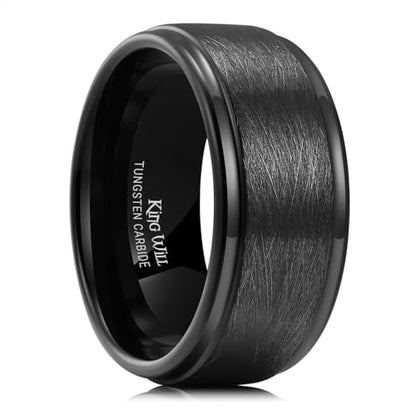 King Will Classic Tungsten Carbide Ring Brushed Two Grooved Center Hammered Design Mens Wedding Band for Men | Black/Silver/Gold, 8mm, Men's Wedding Band, Grooved, Comfort Fit, Everyday Wear - color: C-Black 10mm