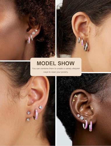 5 Pairs Huggie Hoop Earrings, Cubic Zirconia 14K Gold-Plated 316L Surgical Steel, Hypoallergenic Lightweight Design for Women & Men Cartilage & Multi-Piercing Stacking(13-21mm) - color: E+silvery+Pink