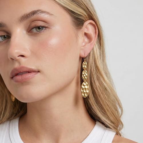 Gold Dangle Earrings for Women,Chunky 14K Gold Plated Drop Dangle Stud Earrings Long Statement Hammered Earring Hypoallergenic Jewelry for Women Gifts - style: Simple Hammered-GD