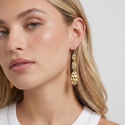 Gold Dangle Earrings for Women,Chunky 14K Gold Plated Drop Dangle Stud Earrings Long Statement Hammered Earring Hypoallergenic Jewelry for Women Gifts - style: Simple Hammered-GD