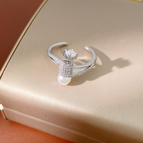 Dtja Shell Pearl CZ Barbell Statement Adjustable Ring for Women 14K Gold Plated Crystal Artificial Pearls Expandable Open Wrap Finger Rings Fashion Wedding Promise Engagement Jewely Gift