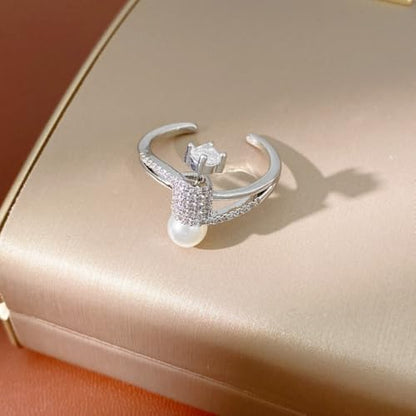 Dtja Shell Pearl CZ Barbell Statement Adjustable Ring for Women 14K Gold Plated Crystal Artificial Pearls Expandable Open Wrap Finger Rings Fashion Wedding Promise Engagement Jewely Gift