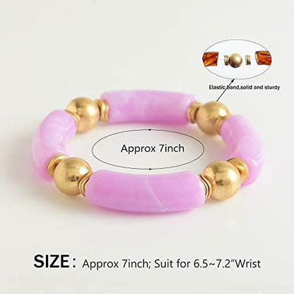 LALAPPLE Gold Plated Beaded Acrylic Bamboo Tube Bangle Bracelets for Women, Colorful Chunky Curved Tube With Gold Plated Pieces Beads Stretch Bracelet Friendship Summer Beach Jewelry - color: T-Light Green&Light Purple 2pcs