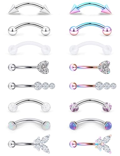16g 8mm Silver/Black/Rainbow Eyebrow Piercing Jewelry Rings Curved Barbell Vertical Labret Lip Surgical Steel Small Belly Button Snake Eyes Tongue Rook Earrings for Women Men - color: Rainbow / Purple