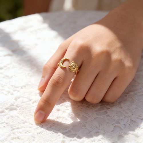 Sun and Moon Rings Stainless Steel Crescent Sun Rings for Women Gold Open Ring Middle Index Finger Jewelry Gift - color: A-Gold Sun&Moon