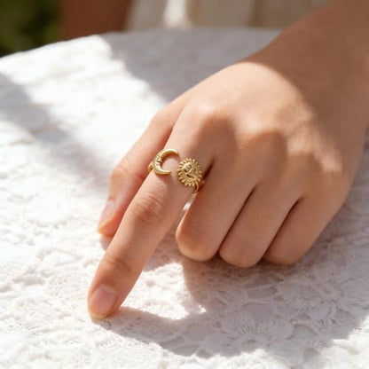 Sun and Moon Rings Stainless Steel Crescent Sun Rings for Women Gold Open Ring Middle Index Finger Jewelry Gift - color: A-Gold Sun&Moon