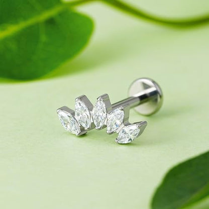FINE4U 1PC ASTM F136 Titanium 16G Flatback Stud for Tragus, Helix, Conch 6mm 8mm - Screw on Cartilage Earring Piercing Jewelry - color: Five Marquise - Clear CZ - Tit