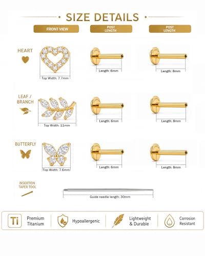 YACHY ASTM F136 G23 Titanium Flat Back Stud Earrings, Internally Threaded Screw-On Hypoallergenic Body Piercing Jewelry for Everyday Wear, Tragus Helix Conch Monroe Medusa Lip, 18G 6mm 8mm - color: Blooming Love--3pcs+3bar--Gold, size: 6mm+8mm