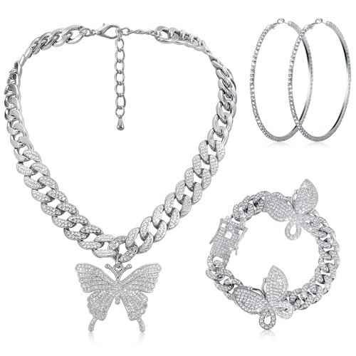 3 Pcs Butterfly Cuban Jewelry Set Cuban Link Chain Necklace for Women Rhinestone Pendant Necklace Bracelet Large Hoop - color: Silver, style: Fashion