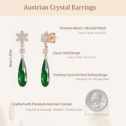 Austrian Crystal Teardrop Earrings Flower Dangle Earrings for Women 14K Gold Plated Drop Stud Earrings Hypoallergenic Jewelry - color: Emerald