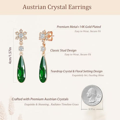 Austrian Crystal Teardrop Earrings Flower Dangle Earrings for Women 14K Gold Plated Drop Stud Earrings Hypoallergenic Jewelry - color: Emerald