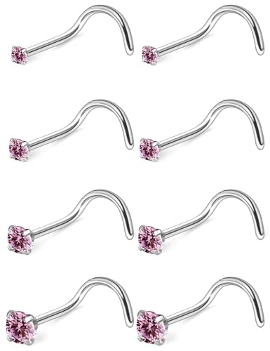 Hoeudjo Hypoallergenic Nose Rings Studs 24G Surgical Stainless Steel Cubic Zirconia Nose Studs for Women Men Screw & Bone & L Shaped Nostril Piercing Jewelry with 1.5mm 2mm 2.5mm 3mm CZ - color: silvertone(pink CZ),screw nose studs