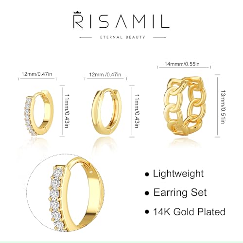 Risamil 3Pairs Gold Hoop Earrings for Women Trendy, 14K Gold Plated Hoops Huggie Earrings Dainty Chunky Earring Stacks Cute Earring Set Gold Jewelry Set for Women Gifts Fashion Accessories - color: 3 pair gold hoops