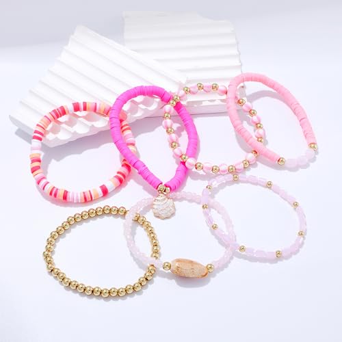 Summer Surfer Heishi Bracelet Set for Women Stackable Gold Plated Clay Ploymer Bead Stretch Pink Beach Layering Bracelets Jewelry - color: A-Pink Watermelon shell charm 7pcs
