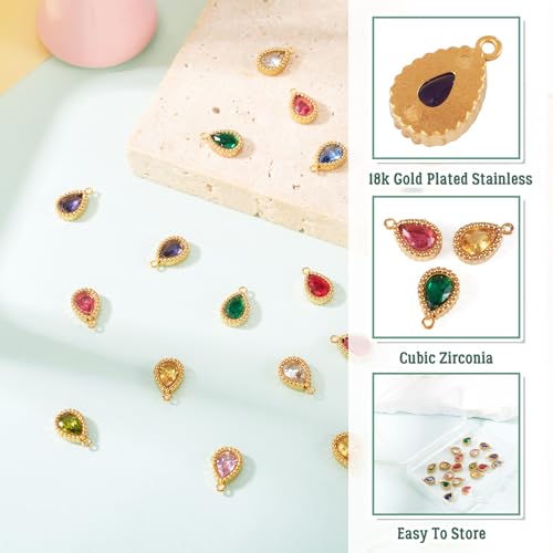 Beadthoven 20pcs 18K Gold Plated Teardrop Cubic Zirconia Charms Crystal Rhinestone Charms Small Faceted Birthstone Pendants Drop Beads for Jewelry DIY Making Necklace Bracelet Earrings Crafts - color: Teadrop Faceted