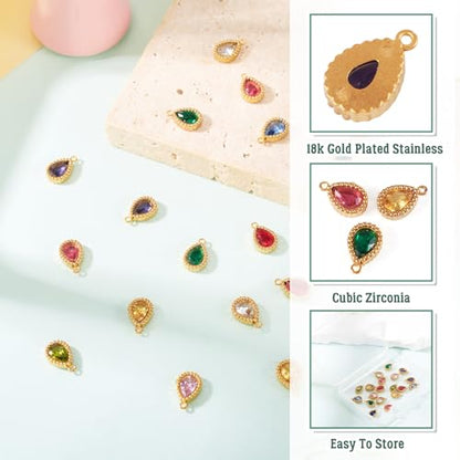 Beadthoven 20pcs 18K Gold Plated Teardrop Cubic Zirconia Charms Crystal Rhinestone Charms Small Faceted Birthstone Pendants Drop Beads for Jewelry DIY Making Necklace Bracelet Earrings Crafts - color: Teadrop Faceted
