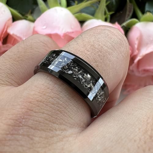 TUTISS 6mm 8mm Silver/Black Tungsten Rings for Men Women Meteorite Shavings Inlay Promise Engagement Wedding Bands Beveled Edges Polished Shiny Comfort Fit