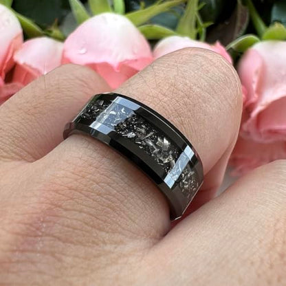 TUTISS 6mm 8mm Silver/Black Tungsten Rings for Men Women Meteorite Shavings Inlay Promise Engagement Wedding Bands Beveled Edges Polished Shiny Comfort Fit