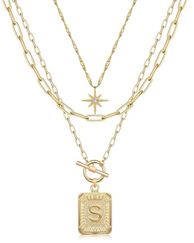 MJartoria Layered Initial Necklaces for Women | 14K Gold Plated Brass, Star Choker, Square Letter Pendant, Paperclip Chain - color: Gold, style: S