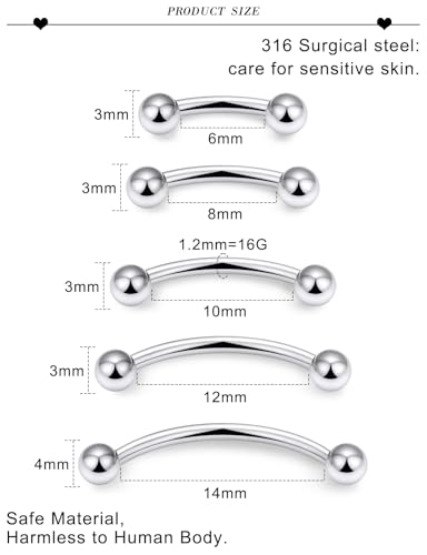 20G 16G 14G 12G Eyebrow Ring Piercing Jewelry Surgical Steel Vertical Labret Lip Ring Rook Daith Earrings Navel Small Tiny Belly Button Ring Piercing Jewelry for Women Men Silver Black Gold - color: Silver, size: 16G