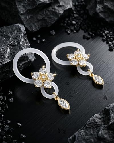 DJCIW 2pcs Flower Fake Nipple Piercing, Adjustable Silicone Non Piercing Lust Locks Nipple Jewelry with Marquise CZ Dangle, Coquette Y2K Aesthetic for Rave & Music Festival - color: gold-flower