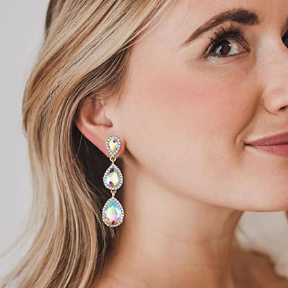 EleQueen Women's Crystal Teardrop Pear Shape 2.5 Inch Long Earrings | Dangle Earrings for Women, TearDrop Crystals Earrings for Bride Bridesmaid, Prom Jewelry for Wedding - color: Iridescent AB Gold-tone