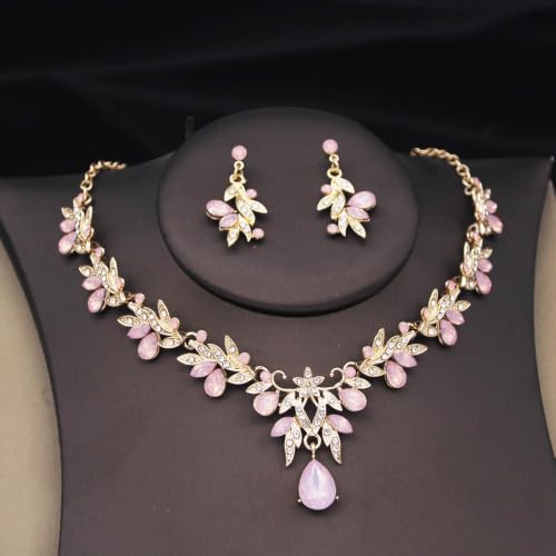 Crowns and Tiaras Jewelry Set for Women.Wedding (Gold Green) | Wedding Crown, Necklace Earrings, Princess Queen Birthday Party, Pageant Bridal, Costume Accessories - color: Opal Pink