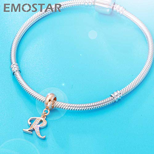 EMOSTAR Letter Charms Initial A-Z Alphabet Beads, Rose Gold 925 Sterling Silver Dangle CZ Birthstone Pendant, Gifts for European Charm Bracelet/Mothers Day/Birthday - color: Letter R