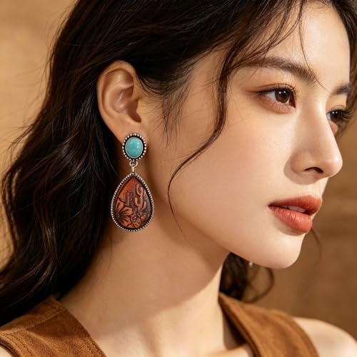 Boho Western Earrings for Women Western Feather Earrings Vintage Concho Turquoise Teardrop Dangle Earrings Country Concert Jewelry Accessories - style: Silver Brown Turquoise