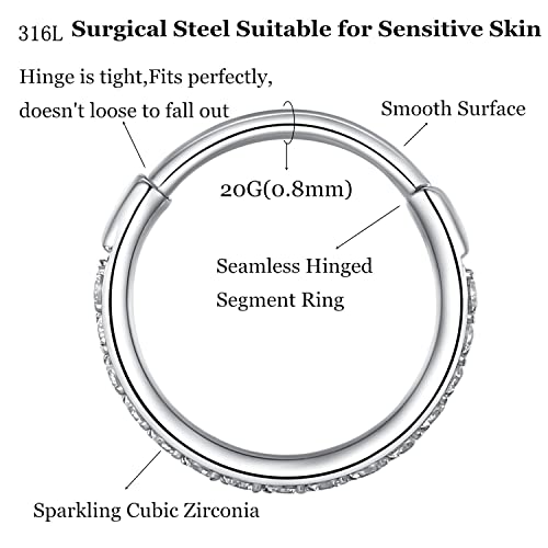 CZ Hinged Segment Nose Rings Hoop 316L Surgical Steel Cubic Zirconia Conch Daith Helix Tragus Body Piercing Jewelry Lip Rings Cartilage Earrings 20G 18G 16G Stainless Steel Septum Clicker Ring - color: Silver, size: 20 Gauge 6mm