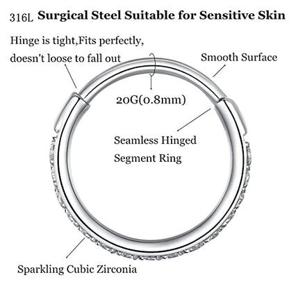 CZ Hinged Segment Nose Rings Hoop 316L Surgical Steel Cubic Zirconia Conch Daith Helix Tragus Body Piercing Jewelry Lip Rings Cartilage Earrings 20G 18G 16G Stainless Steel Septum Clicker Ring - color: Silver, size: 20 Gauge 6mm