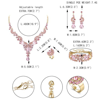 EVER FAITH Rhinestone Crystal Bridal Floral Wave Teardrop Necklace Earrings Set - color: 4pcs_Pink