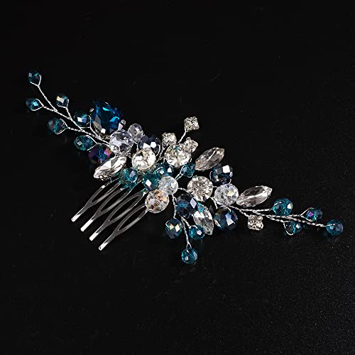 JWICOS Crystal Bride Wedding Hair Comb Rhinestone Bridal Hair Clip Glitter Wedding Hair Accessories for Women and Girls (Blue) - color: Blue