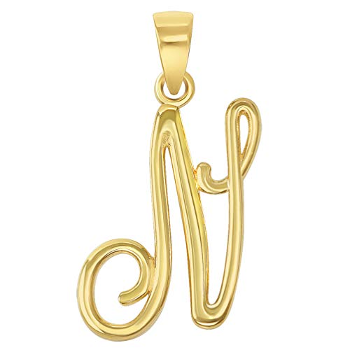 Jewelry America Solid 14k Yellow Gold Elegant Script Letter Cursive Initial Pendant - A to Z - style: N