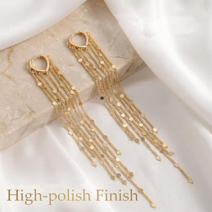 Gold Chandelier Earrings for Women, Long Tassel Earrings Dangle Drop with Secure Huggie Hoop, Lightweight Formal Earrings Chain Fringe Statement Jewelry for Prom Wedding Party (Gold)