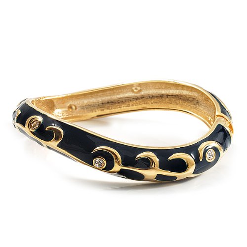 Avalaya Navy Blue Enamel Curvy Crystal Hinged Bangle (Gold Tone Finish)