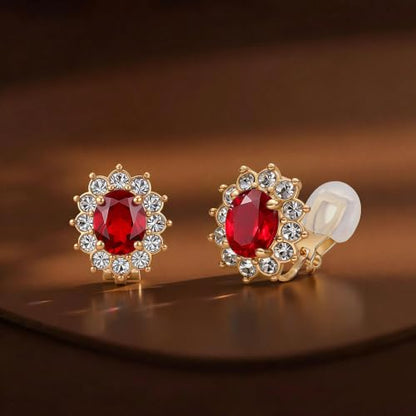 EVEVIC Oval Austrian Crystal Halo Clip On Earrings for Women | Oval Austrian Crystal with Zircon Halo,14K Gold-Plated,Silicone Comfort Pad,Gift Box Included,For Daily and Evening Events - color: Red