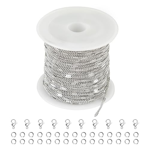 Kyutong Thin Curb Chains Bulk on Spool Silver Chain for Jewelry Making | 32.8 Feet 304 Stainless Steel Jewelry Chain with Clasps Men Women Necklace Bracelet Making Chain Supplies - color: Flat Curb Silver