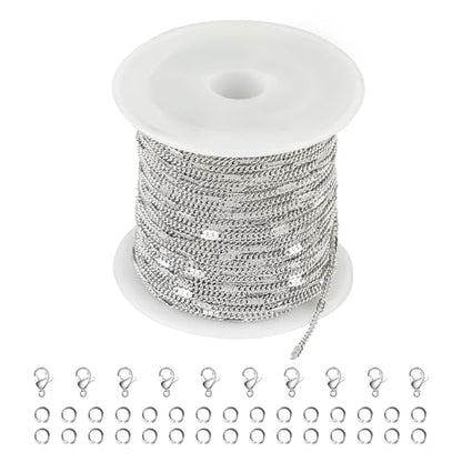Kyutong Thin Curb Chains Bulk on Spool Silver Chain for Jewelry Making | 32.8 Feet 304 Stainless Steel Jewelry Chain with Clasps Men Women Necklace Bracelet Making Chain Supplies - color: Flat Curb Silver