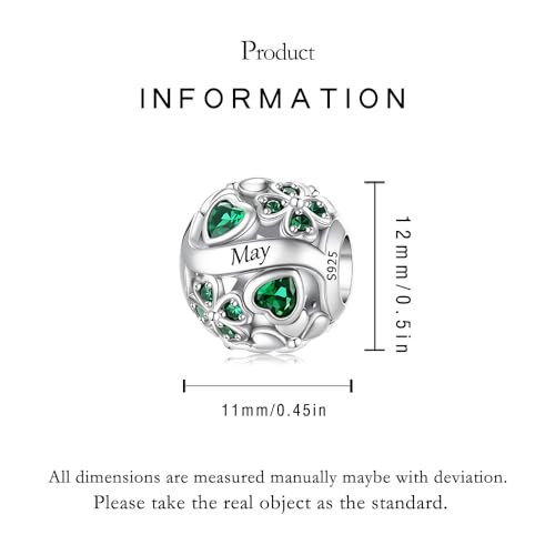 925 Sterling Silver Lucky Clover Birthstone Charms for Bracelets Dangle Pendant with 5A Cubic Zirconia Compatible Pandora Bracelets, Ladies Birthday Gift - style: 5-May