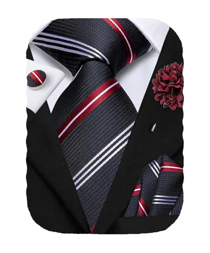 Hi-Tie Men's Silk Ties Formal Woven Classic Necktie Pocket Square Cufflinks Lapel Pin Set Wedding Business - color: A Black and Red