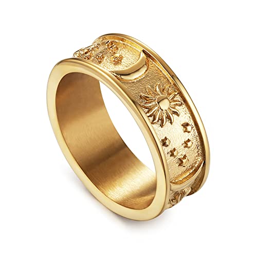 HZMAN 8mm Moon Star Sun Statement Ring Stainless Steel Boho Jewelry for Women Men - color: Gold