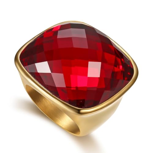 Chunky Square Crystal Glass Stainless Steel Statement Ring for Women Men Gold-Tone Plated Exaggerated Large Geometric Green Cubic Zirconia Finger Band Knuckle Rings Cocktail Prom Fashion Jewelry - color: Red