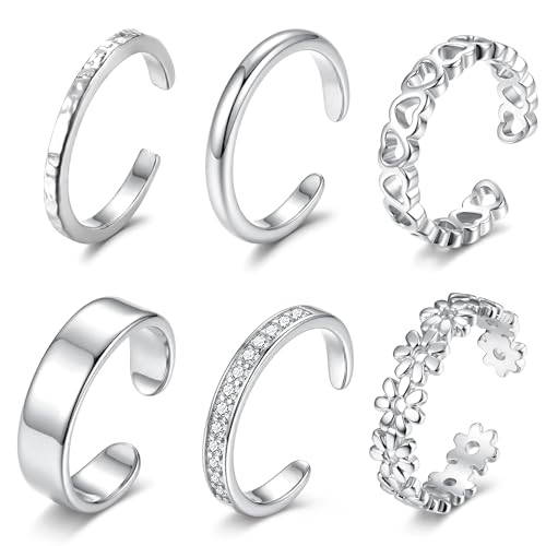 Besteel 6 PCS Toe Rings for Women - 14K Gold Filled Non Tarnish Waterproof | Adjustable Silver Toe Ring Simple Open Band Hug CZ Chunky Flower Toe Rings Set Trendy Summer Beach Foot Jewelry for Women - style: Silver: heart&flower toe ring
