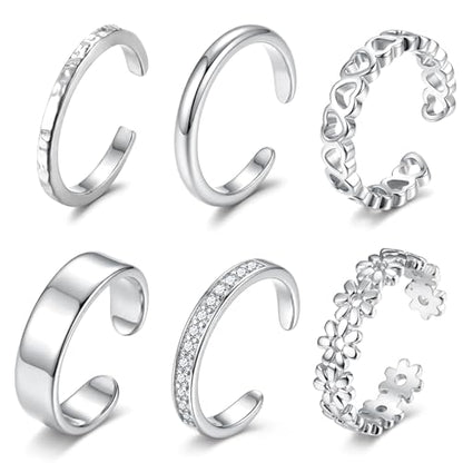Besteel 6 PCS Toe Rings for Women - 14K Gold Filled Non Tarnish Waterproof | Adjustable Silver Toe Ring Simple Open Band Hug CZ Chunky Flower Toe Rings Set Trendy Summer Beach Foot Jewelry for Women - style: Silver: heart&flower toe ring
