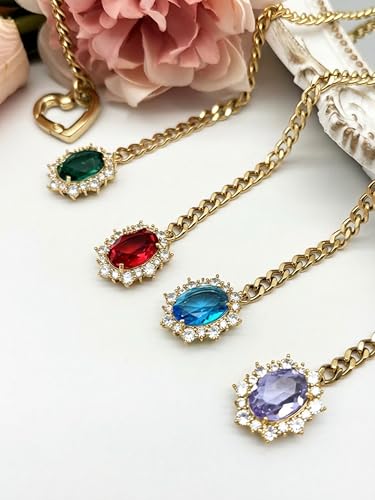 Women's Heart O-Ring Slip Chain Necklace, Double Layered Adjustable 39'' Cuban Chain with Detachable Heart Clasp and Colorful Rhinestone Pendant - color: 39'' Gold-Emerald Green