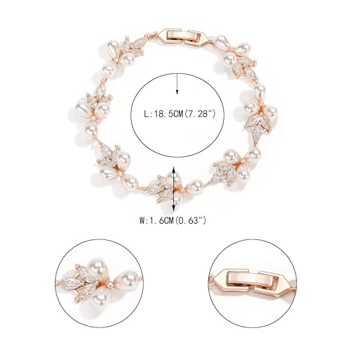 EVER FAITH Cubic Zirconia Pearl Bridal Prom Tennis Bracelet for Women | Elegant Pear CZ Wedding Jewelry Gift, for Bride Bridesmaid - style: Leaf_Rose Gold-Plated-Brass