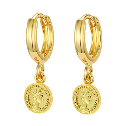 XYJZXY Gold Huggie Small Hoop Earrings with Charm Personalized Snake/Evil Eye/Star/Cross/Lock/Key 18k Gold Plated Crystal Drop Dangle Earrings for Women - style: Coin